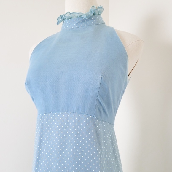 70's Baby Blue Maxi Dress Bolero Cardigan Halter High Neck Ruffles Floor Length - Picture 10 of 16